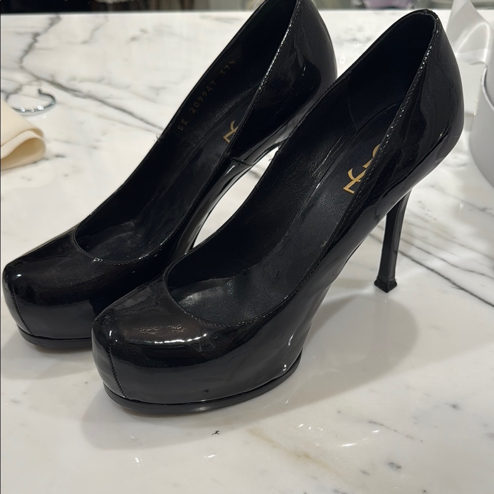 YSL Tribtoo black patent platform heel